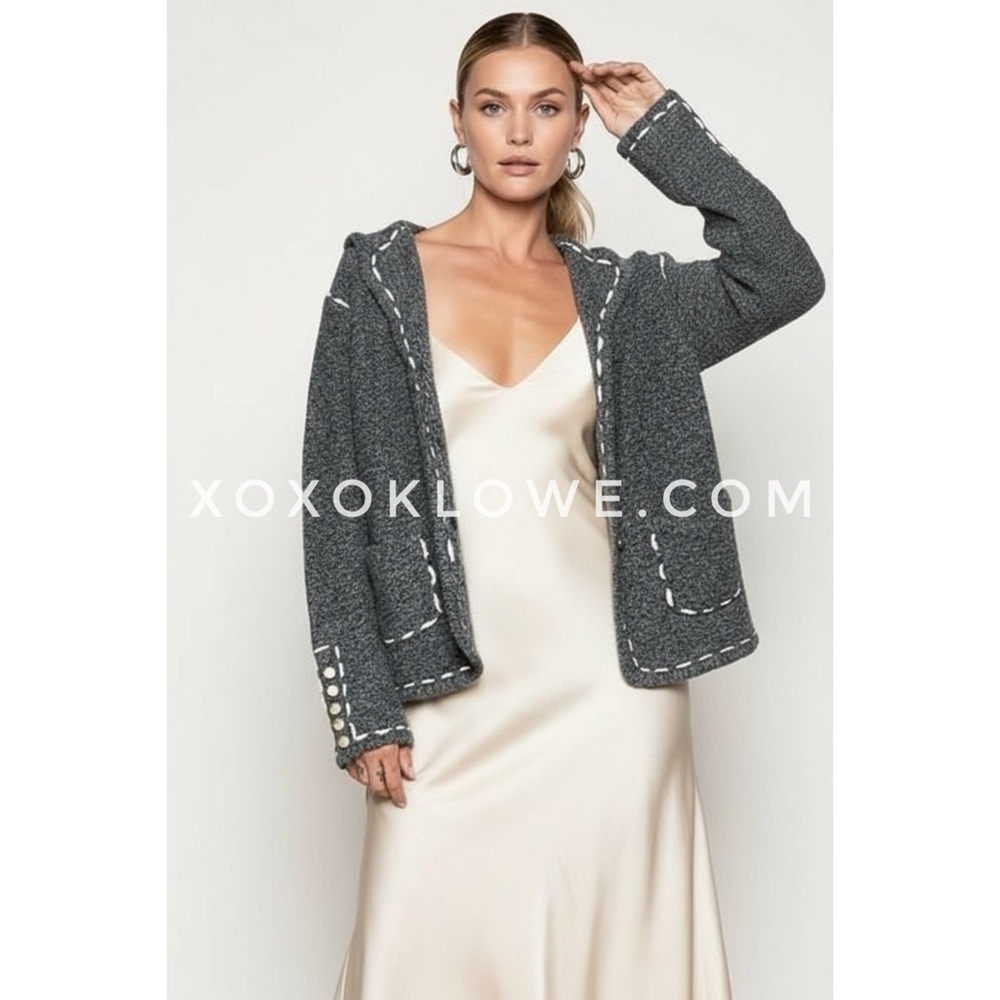 POL Dark Heather Grey Knit Blazer Cardigan | Contrast Stitch Sweater - Picture 3 of 9